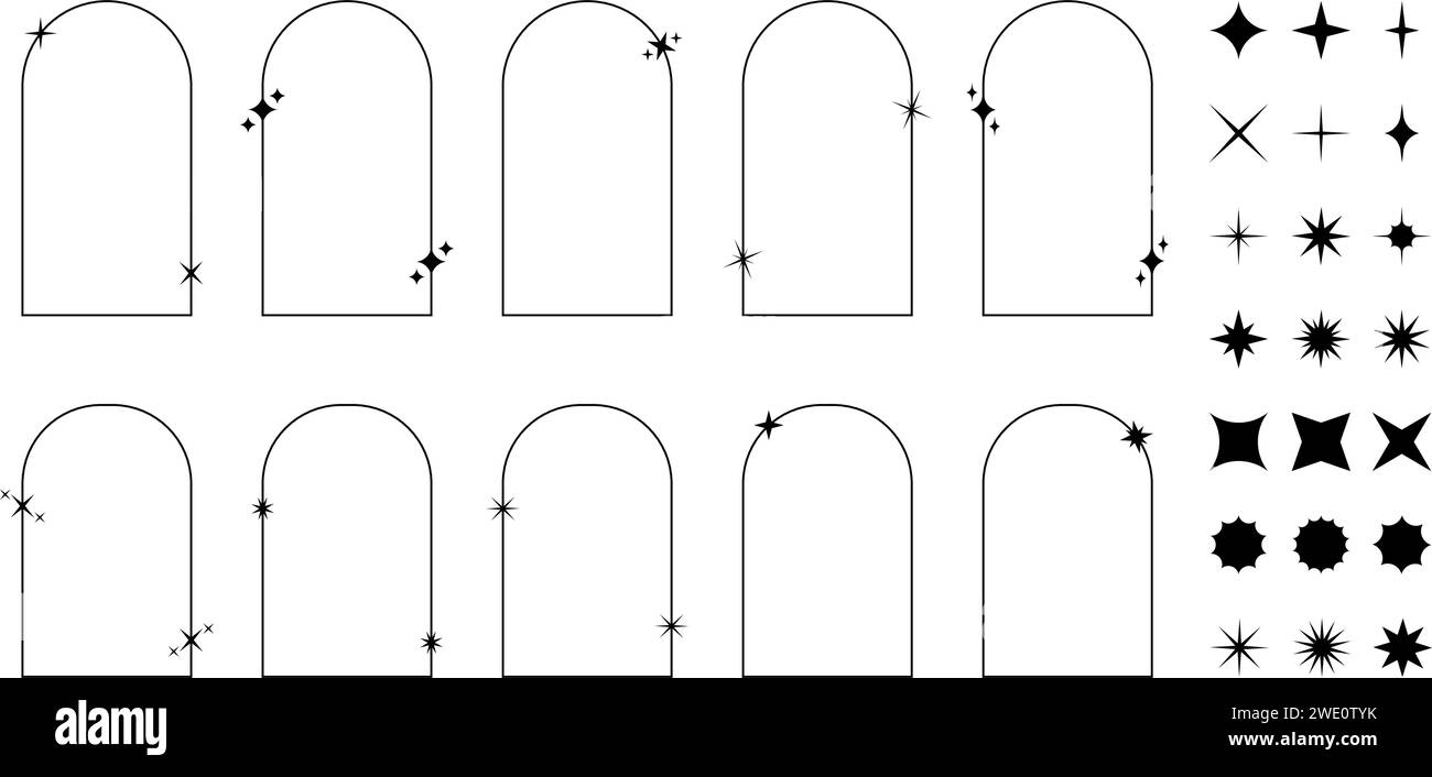 Set trendiger y2k-Rahmen. Kollektion ästhetischer Bogenformen mit funkelnden und funkelnden Ikonen. Boho-Dekorationselemente im Stil der 80er 90er Jahre. Vintage-Ornamente. Sternensymbole. Vektorkontur, Abbildung Stock Vektor