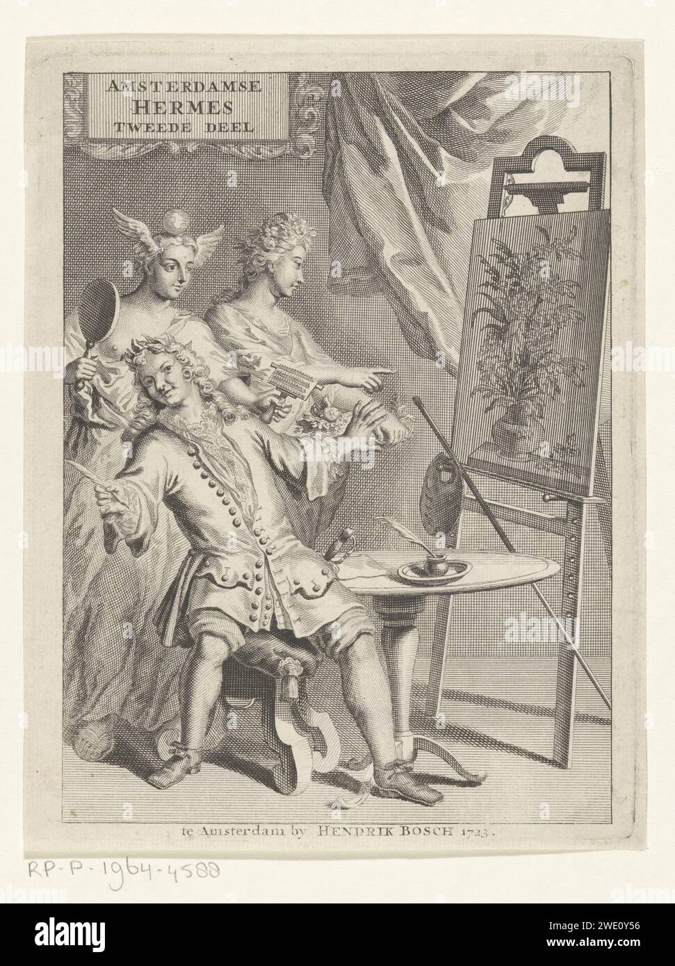 Allegorische Show mit dem satirischen Schriftsteller Jacob Campo Weyerman, Anonym, 1723 Druck Jacob Campo Weyerman lehnt sich als Maler zurück in seinen Stuhl. Flora weist ihn auf ein blumiges Stillleben auf dem Esel rechts hin, wird aber weggeschwenkt. Eine Frau mit Flügeln am Kopf und einem Spiegel in der Hand gibt dem Maler einen Strohkamm (Pferdekamm). Das Roskam symbolisiert die Satire, auf die Weyerman sich konzentrieren wird. Amsterdamer Papiergravurmaler bei der Arbeit, in seinem Atelier. Schriftsteller, Dichter, Autor. (Story of) Flora. Curry-Kamm. Symbolische Darstellungen, Allegorien und Embleme  satirische Poesie; 'Poema satirico' (Ripa) Stockfoto