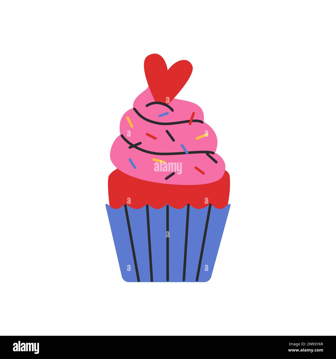 Muffin mit roten Bonbons in Herzform. Flacher Cupcake. Vektorillustration auf weißem Hintergrund isoliert. Stock Vektor