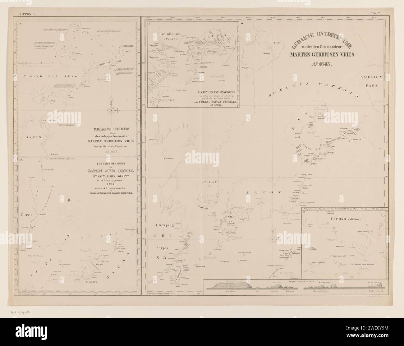 Karten von Entdeckungsreisen um Japan auf einem Blatt, P.C. Tesch, 1849 - 1899 Druck oben rechts nummeriert: V. Papierkarten getrennter Länder oder Regionen. Entdeckungsreise, Expedition, Entdeckungsreise nach Japan Stockfoto