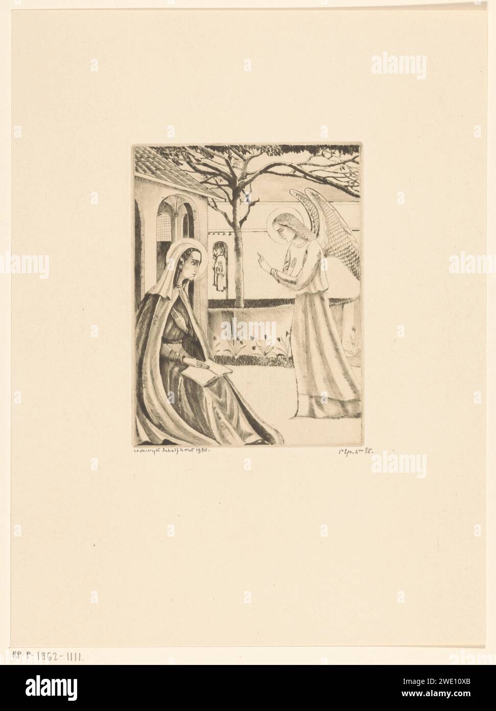 Verkündigung, Lodewijk Schelfhout, 1930 Druck links Maria und rechts der Engel Gabriël, der ihr ankündigt, dass sie schwanger wird und einen Sohn zur Welt bringt. Sie sind in einem ummauerten Garten mit blühenden Pflanzen. Maria hält ein offenes Buch mit der Hand. Mit diesem zweiten Druckzustand wurde in der Gartenmauer ein Tor mit einer Frau dahinter angebracht, die Zeuge der Verkündigung ist. Die Verkündigung aus Papier: Maria, die normalerweise liest, wird vom Engel besucht (manchmal hört eine Frau das Gespräch) Stockfoto