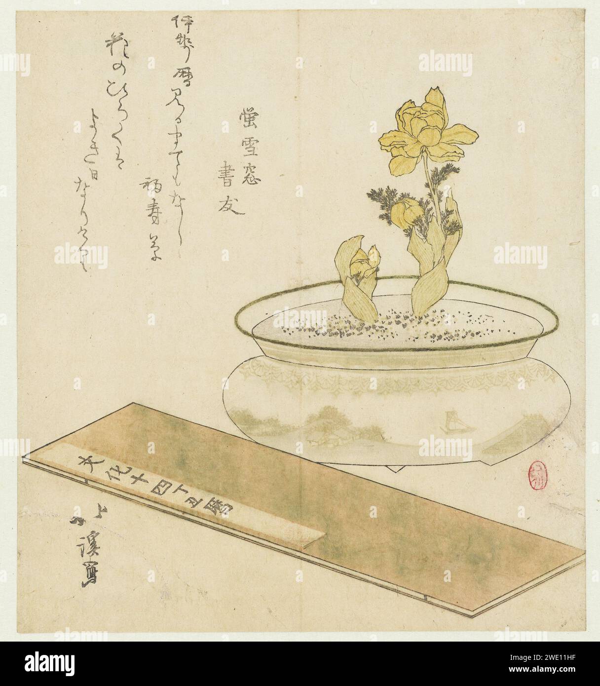 Topfpflanze und Almanach, Totoya Hokkei, 1817 Ein Porzellantopf mit einer Frühlingsanemone und einem Almanach im Vordergrund. Der Topf ist mit einem Boot dekoriert, das auf einem Fluss schwimmt. Der Almanach trägt den Titel „Kalender für Bunka 14, Jahr des OS“. Mit einem Gedicht. Japanisches Papier farbiger Holzschnitt Stockfoto