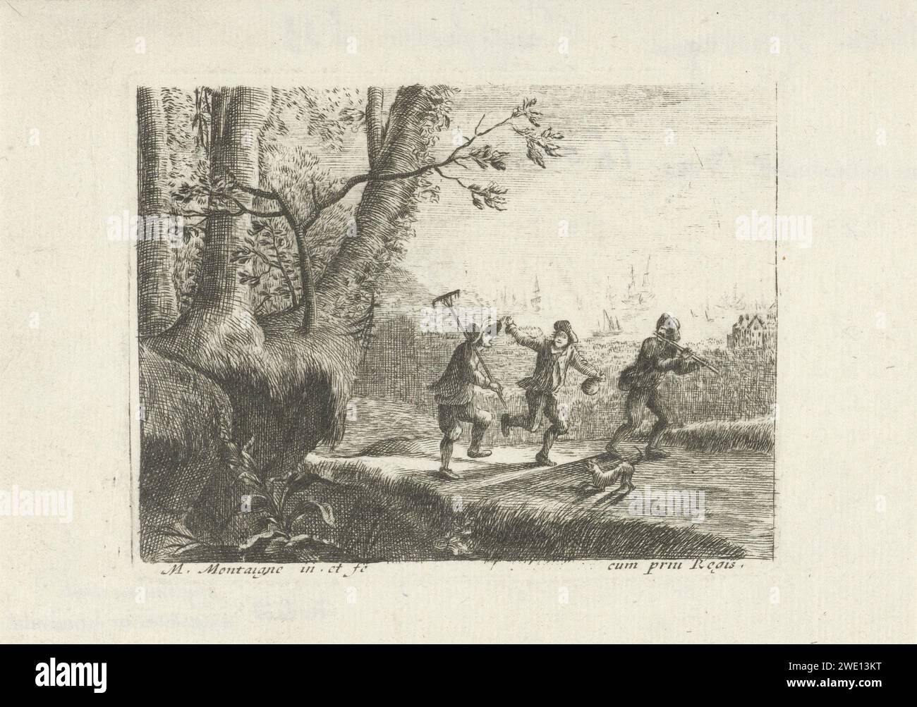Landschaft mit drei tanzenden Bauern, Matthieu van Plattenberg, 1617 - 1660 Druck auf einem Pfad entlang der Küste, drei Bauern tanzen, einer von ihnen pfeift. Ein Hund für sie. Pariser Papierstich-Bauern. Tanzen. Küste Stockfoto
