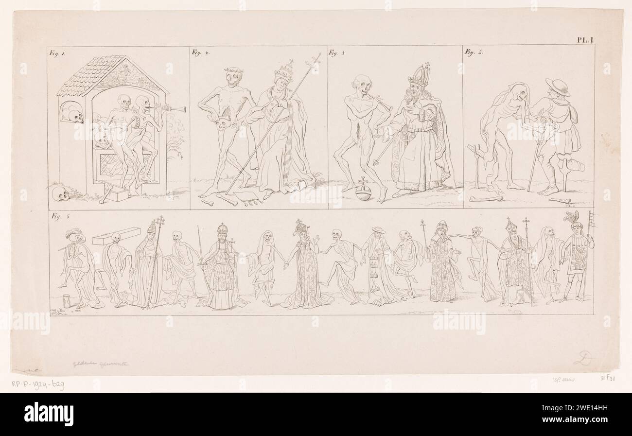 Töten von Muizens und Tanzen mit Ordensleuten, Leendert Springer (I) (möglich), in oder vor 1844 drucken fünf Aufführungen aus einem Todestanz, nummeriert Abb. 1 bis 5. Skelette und auflösende Körper Musik und Tanz mit Ordensleuten. Leiden Papiertanz des Todes; Tod zusammen mit einem oder mehreren Menschen Stockfoto
