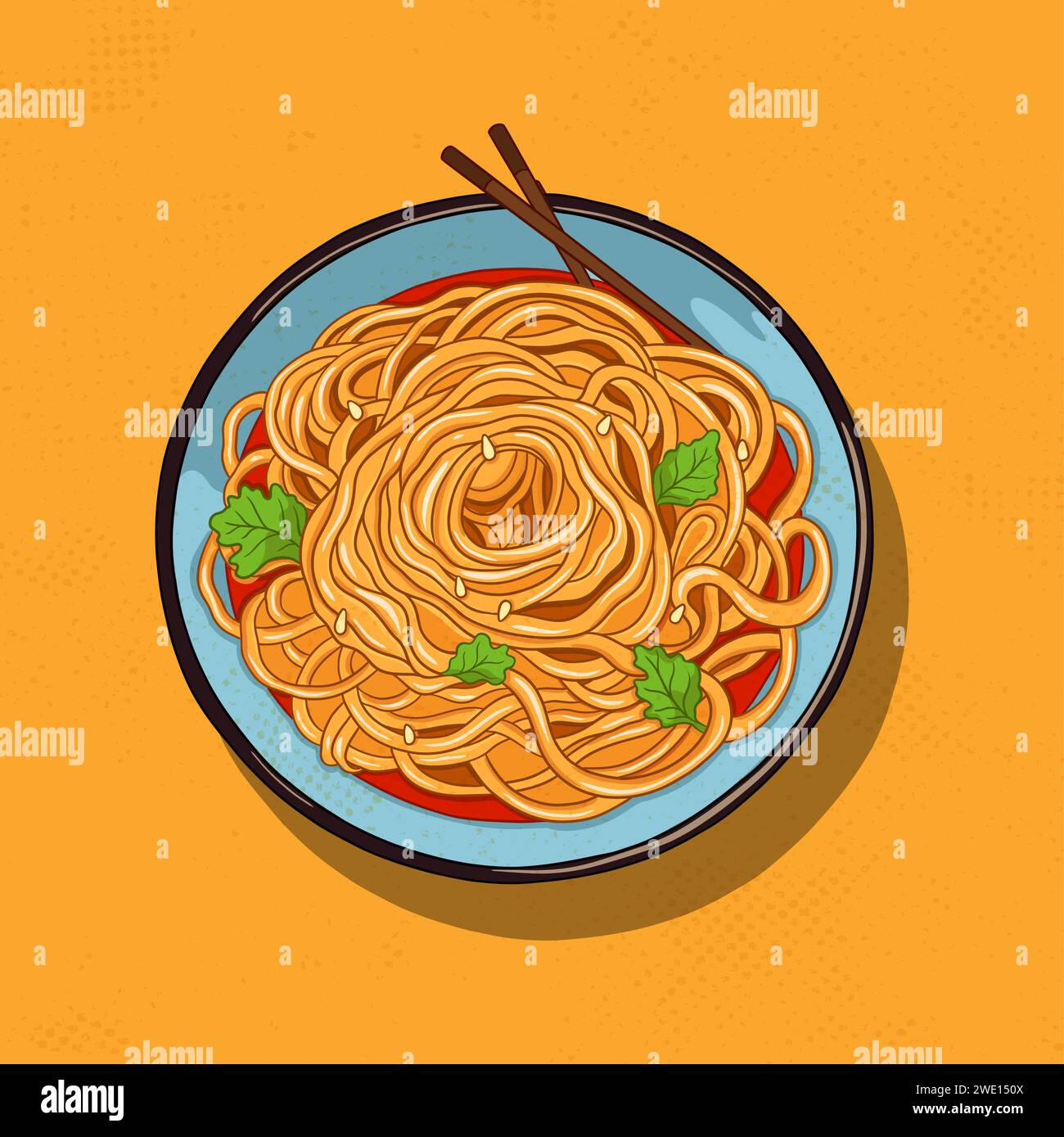 Chinesische Nudeln auf einem Teller mit Essstäbchen. Gekochte Nudeln mit grünen Blättern von oben. Illustration im Cartoon-Stil passend für ein Café-Menü. Stock Vektor