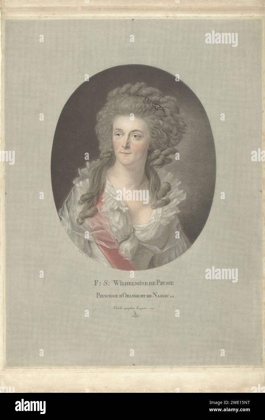 Porträt der Wilhelmina van Pruisen, Prinzessin von Oranje-Nassau, Charles Melchior Descourtis, 1791 gedrucktes Porträt der Wilhelmina Frederica Sophia van Pruisen, Prinzessin von Oranje-Nassau, in einem Oval. Papier Stockfoto