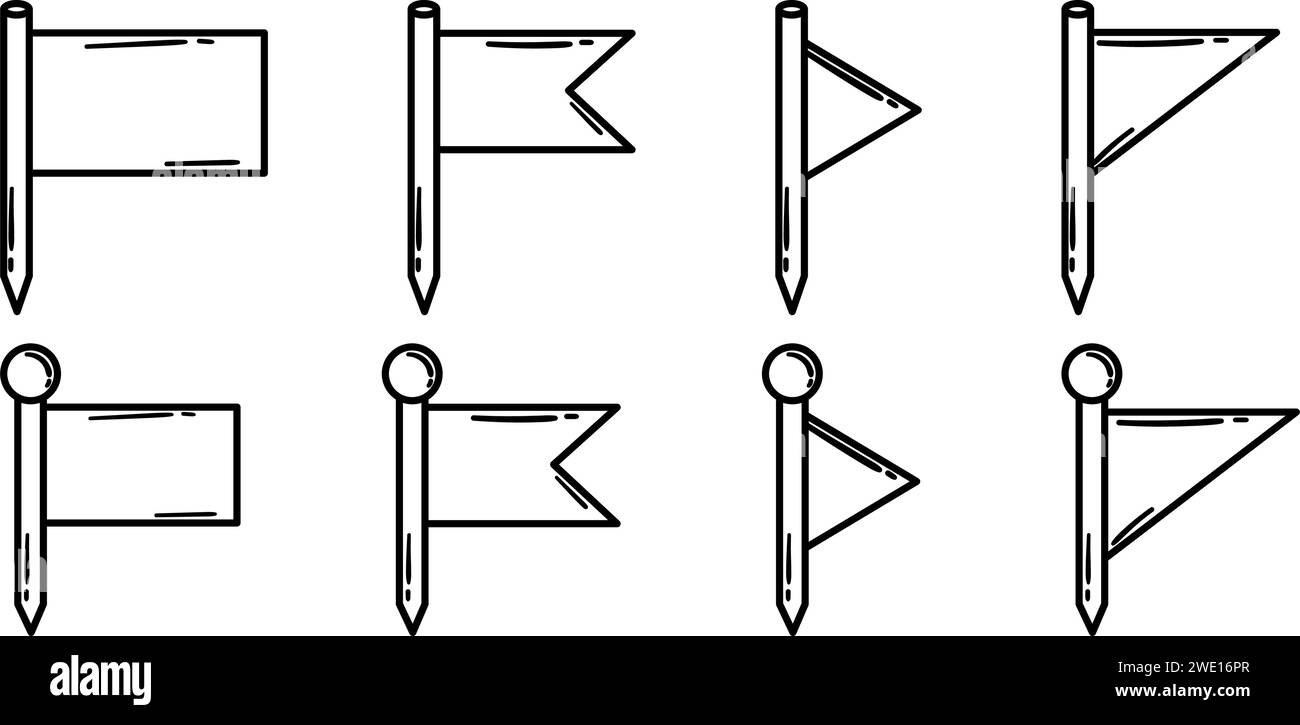 Handgezeichnete Sammlung von Positionsmarkierungsstiften im Doodle-Stil. Eine Reihe einzigartiger Navigationsmarkierungen für ein kreatives und informatives Design. Stock Vektor