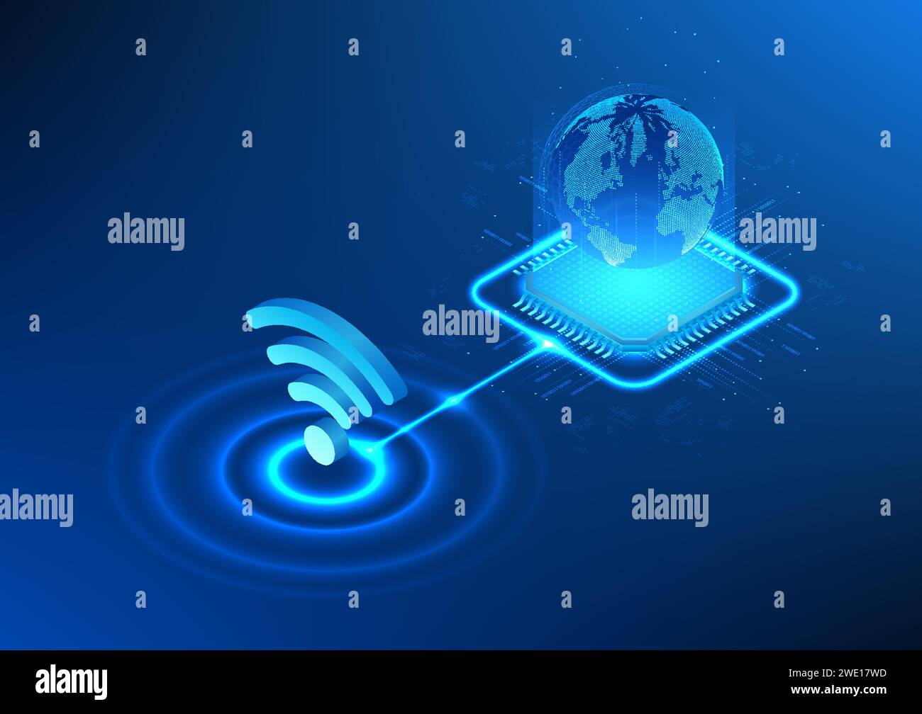 WLAN-Technologie mit digitalen Lichtleitungen, die mit einem Mikrochip auf der Oberseite einer Kugel verbunden sind. Zeigt Wi-Fi an, das Internetsignale sendet und auf Cyber dat zugreift Stock Vektor