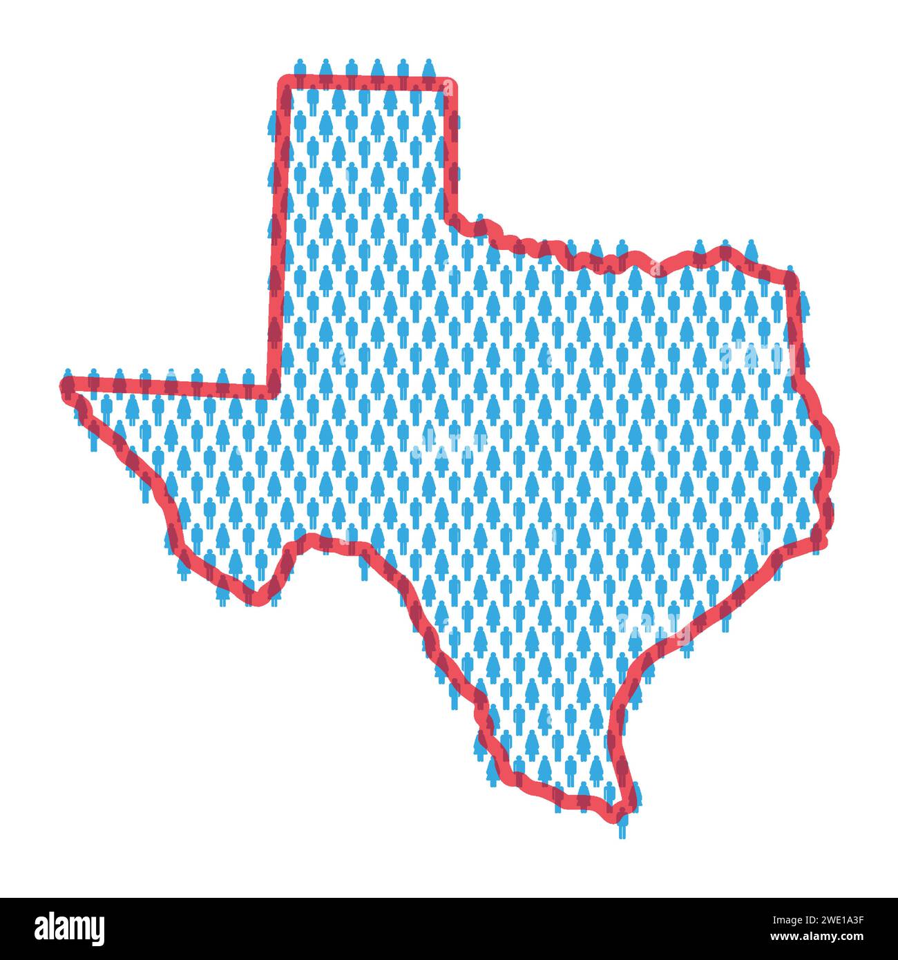 Einwohnerkarte von Texas. Stabfiguren Personenkarte mit markanter, rot durchscheinender Staatsgrenze. Muster von Ikonen für Männer und Frauen. Isolierte Vektordarstellung. E Stock Vektor