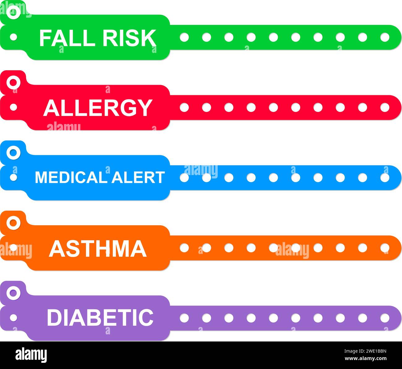 Medizinische Alarmarmbänder. Sturzrisiko, Allergie, Asthma, diabetische Warnung Armband Mockups isoliert auf weißem Hintergrund. Patientengelenkbänder für Klinik oder Krankenhaus. Illustration der Vektorabwicklung Stock Vektor