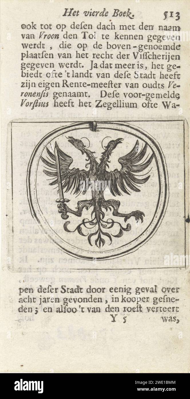 Wappen des Dorfes Vronen in Westfriesland, Hendrik Jacobsz Soeteboom, 1658 gedruckt Wappen mit einem Doppeladler mit Schwert. Diese Waffe des 1297 zerstörten westfriesischen Dorfes wurde von Nicolaas Vorstius gefunden. Nach oben und unter dem Drucktext im Buchdruck. Zaandam Papierätzung / Gravur / Buchdruck Wappenlager, Heraldik Vronen Stockfoto