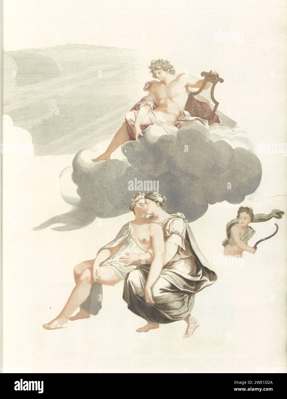 Apollo auf den Wolken und Jupiter mit Callisto, Anonym, 1688–1698 Druck Apollo ist mit seiner Winde auf den Wolken und schaut hinunter auf Jupiter und Callisto. Jupiter verkleidet sich als die Mondgöttin Diana. Amor sieht das Liebespaar mit einem Bogen in der Hand an. Dieser Ausdruck ist Teil eines Albums. Niederlande Papierstich Jupiter im Gewand von Diana und Callisto. Cupid hat seine Waffen. Attribute von Apollo: Leier. (Geschichte) Apollo (Phoebus). Homosexuelle Liebe - CC - Homosexuelle Liebe zwischen Frauen: Lesbianismus Stockfoto