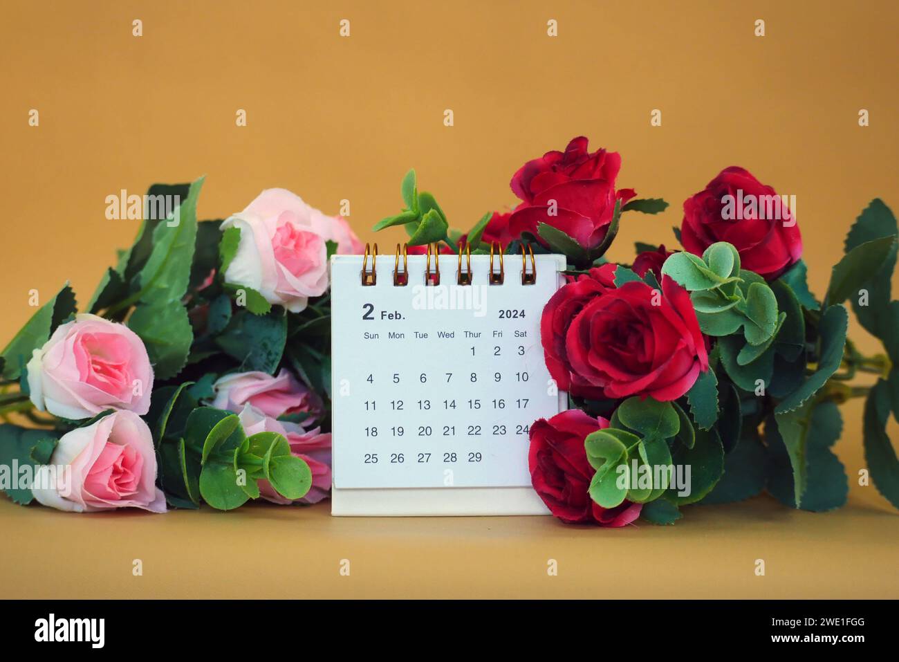 Schreibtischkalender für Februar 2024 auf goldenem Hintergrund mit Rosen. Stockfoto