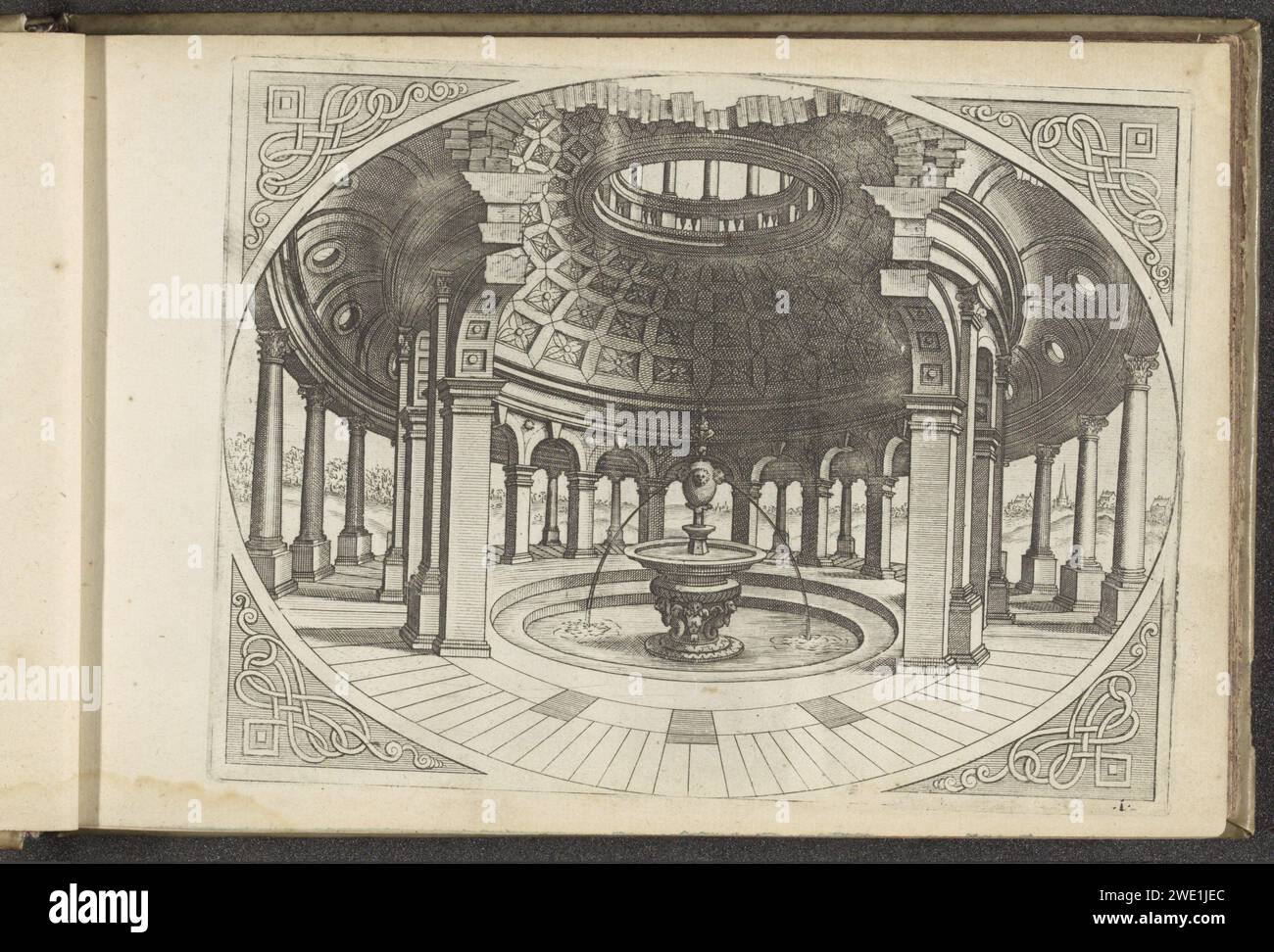 Runder Tempel mit zentralem Becken und Fontein, Johannes oder Lucas van Doechum, nach Hans Vredeman de Vries, 1601 Druck offener runder Tempel mit zentralem Becken und Brunnen. In den Ecken des Ornaments. Dieser Ausdruck ist Teil eines Albums. Antwerpener Papier, das architektonische Darstellungen im Allgemeinen graviert. Zierbrunnen Stockfoto