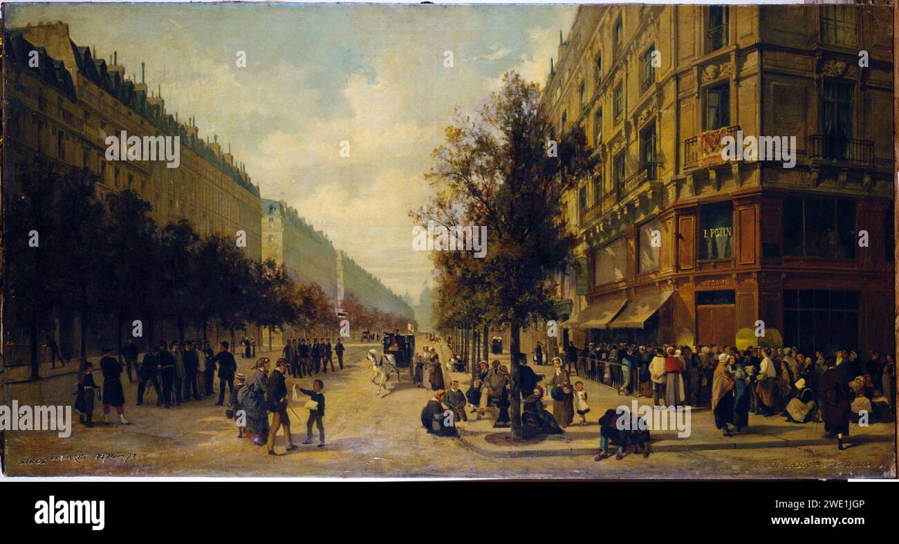 Alfred Decaen - Queue à la porte d'une épicerie (angle de la rue Réaumur et du Boulevard Sébastopol) en novembre 1870 - P1227 Stockfoto