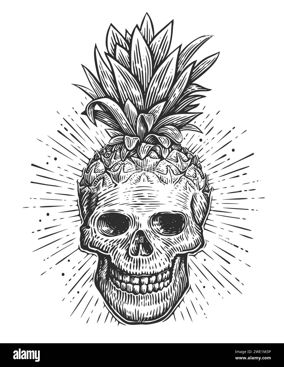 Menschlicher Schädel mit Blättern. Skelettkopf-Skizze. Handgezeichnete kreative Vektor-Illustration Stock Vektor