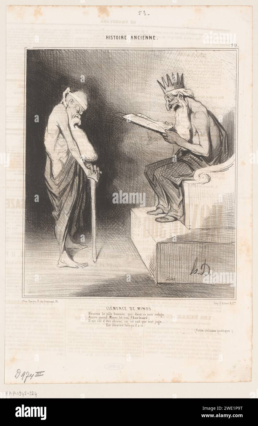 Karikatur von König Minos als Richter in der Unterwelt, Honoré Daumier, 1843 Minos weist den eingehenden Seelen den richtigen Platz in der Unterwelt, aber er muss zuerst seine Charivari lesen. Paris Paper Minos (als Richter von Hades). Karikaturen (menschliche Typen) Stockfoto