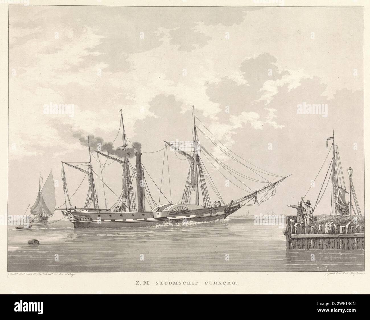 Raderstoomboot an einem Kai, Willem Hendrik Hoogkamer, nach C. van der Hart (Leutnant), 1800–1864 drucken Niederlande Papierätzung Dampfschiff, Motorschiff. Schaufelradboot Stockfoto