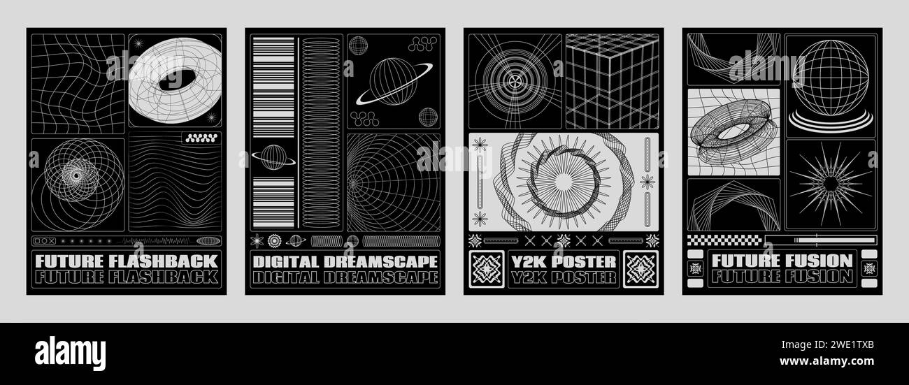 Designvorlage für Poster im Y2K-Retro-Stil mit Rasterflächen und abstrakten geometrischen Formelementen auf schwarzem Hintergrund. Vektorsatz aus Banner oder Cover mit Collage aus 3D-Drahtdarstellung und Text. Stock Vektor