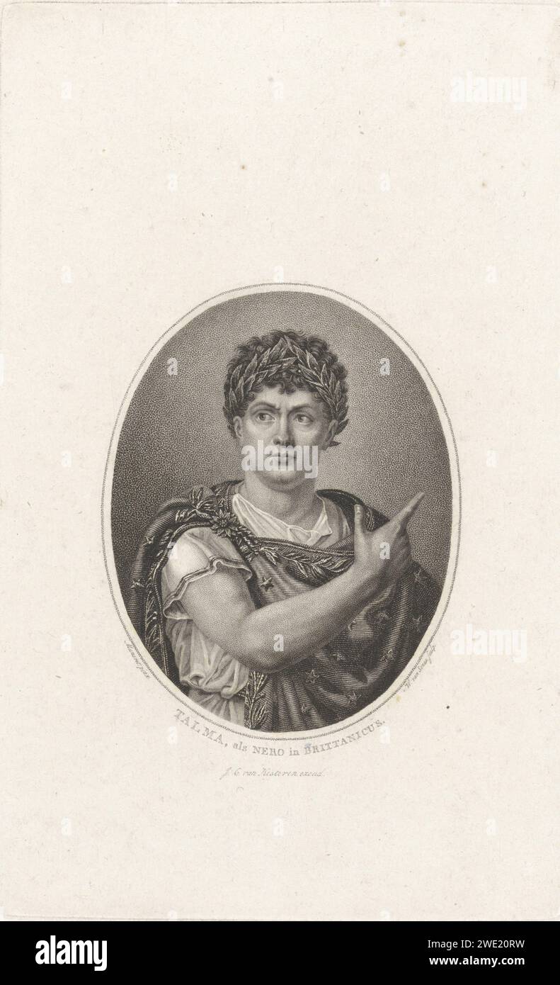 Talma, als Nero in Großbritannien, Willem van Sena, nach G. Prior, 1829–1851 Druck Portrait des französischen Dramatikers Joseph Talma in der Rolle des Nero in dem Stück Britannicus des französischen Dramatikers Jean Racine. Niederlande Papierätzung Stockfoto
