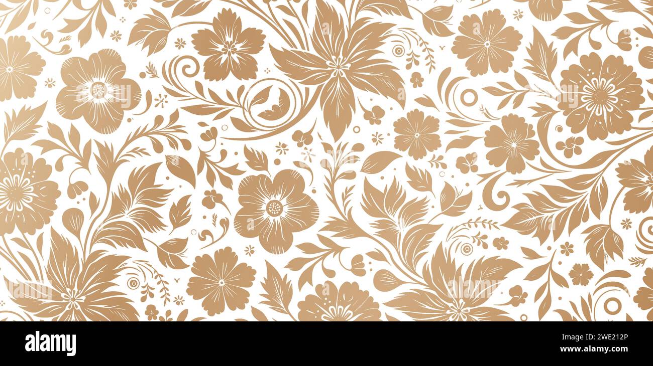Nahtloses Muster mit goldenen Blumen und floralen Blättern Hintergründe isolierte weiße Farben für modische moderne Tapeten oder Textilien, Bucheinband Stock Vektor