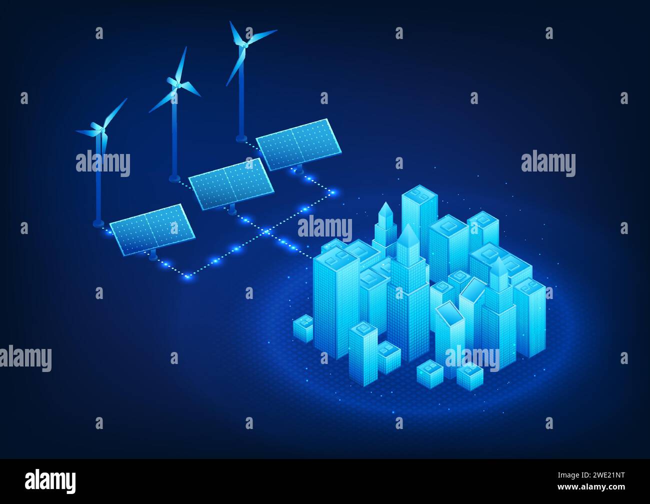 Technologien für erneuerbare Energien, die Wind- und Solarenergie in intelligenten Städten erzeugen, sind Strom, der keine Verschmutzung verursacht. Saubere Energie Eine Stadt, die Stock Vektor