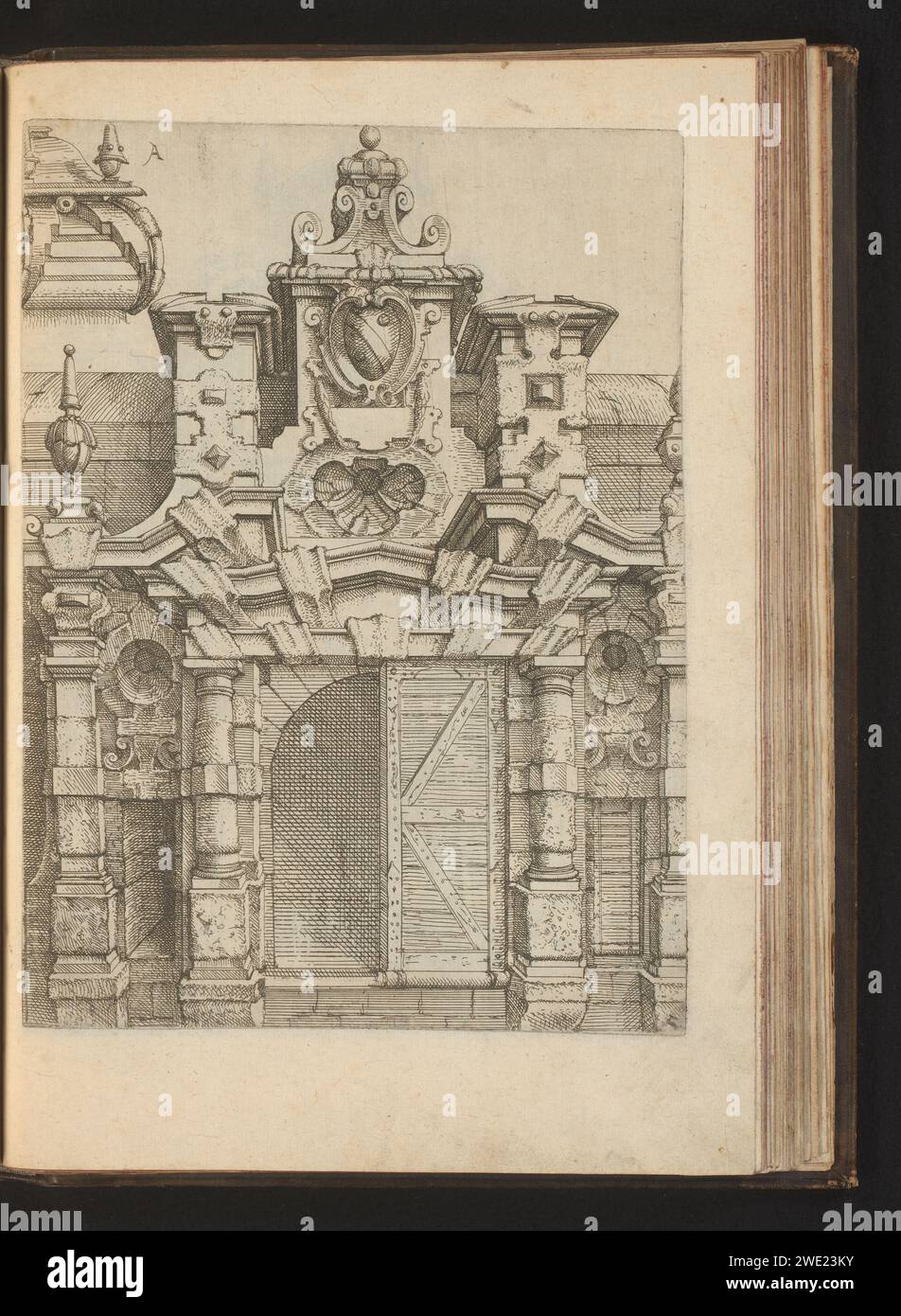 Fenster mit gebrochenem Giebel, Wendel Dietterlin (I), 1593 - 1595 nummeriert: 5. Print ist Teil eines Buches. Straßburg (Frankreich) Papierätzung toskanischer Ordnung  Architektur. Fenster. Dachgeschoss, Ausformung Stockfoto