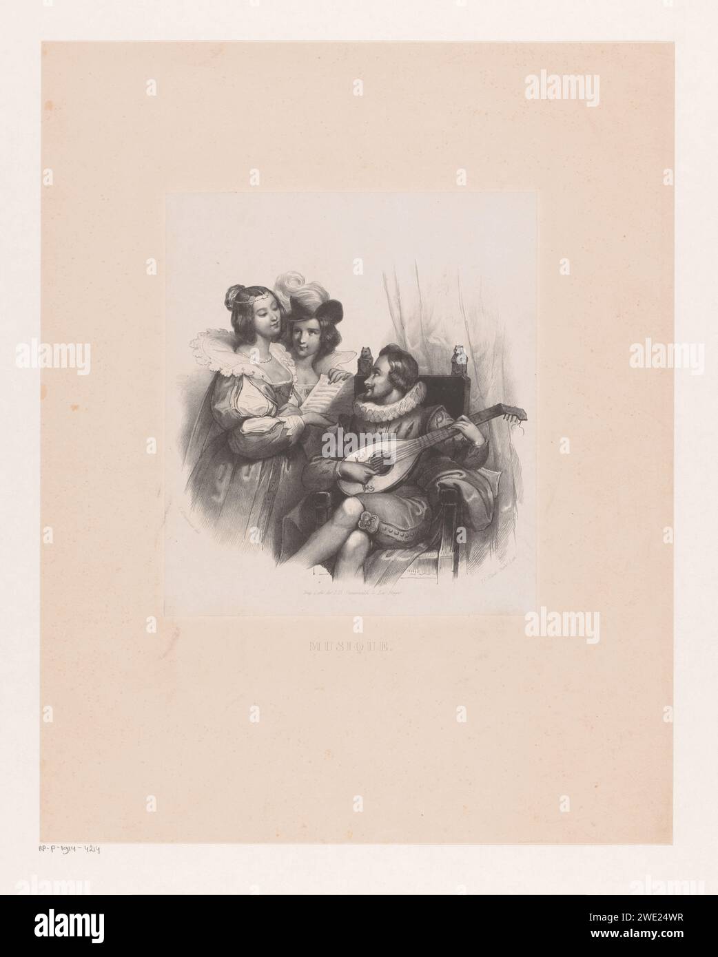 Musikgesellschaft Isaac Cornelis eLink Sterk, nach Cornelis Kruseman, 1833 – ca. 1863 Druck der Mann sitzt auf einem Stuhl mit einer Laute in den Armen. Neben ihm sind zwei Frauen mit Noten. Das Haager Papier. Musiker, die Sänger begleiten. Laute und spezielle Lautenformen, z. B. Theorbo. Manuskript der Musicalpartitur Stockfoto