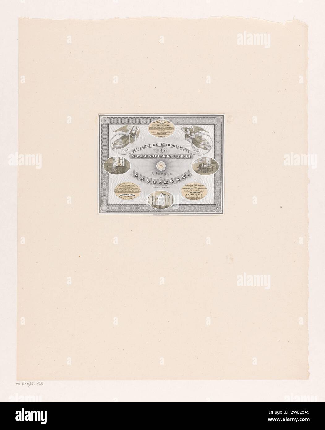 Visitenkarte der Lithographischen Druckerei J. Jaeger in Groningen, Carl Friedrich Julius de Jaeger, 1843-1856. Porzellankarte links und oben rechts zwei Engel. In den Vignetten zeichnet ein Lithograf auf Stein, zwei Figuren einer Druckerei und das Gebäude der Druckerei in der Oosterstraat. Groningen Papier. Druckmaschine. Lithograf Stockfoto