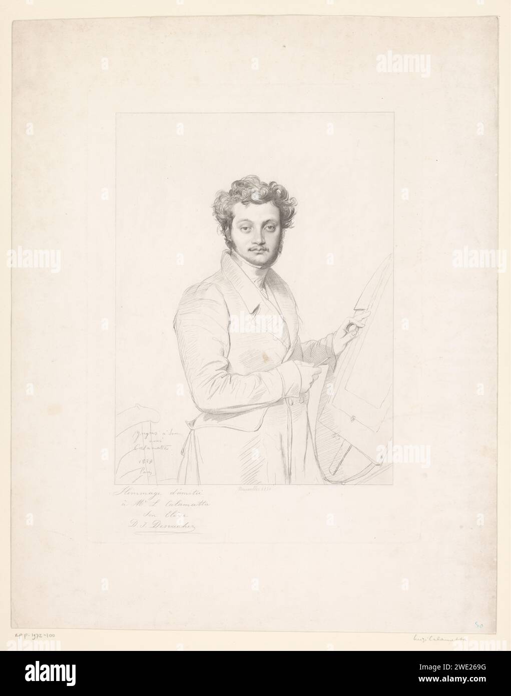 Porträt von Luigi Calametta bei der Arbeit, David Joseph Desvachez, nach Jean Auguste Dominique Ingres, 1858 Printdrucker: Brussels Painting by: Paris Paper Radiching Adult man. Porträt, Selbstporträt des Grafikers (+ Künstler bei der Arbeit). Historische Personen Stockfoto