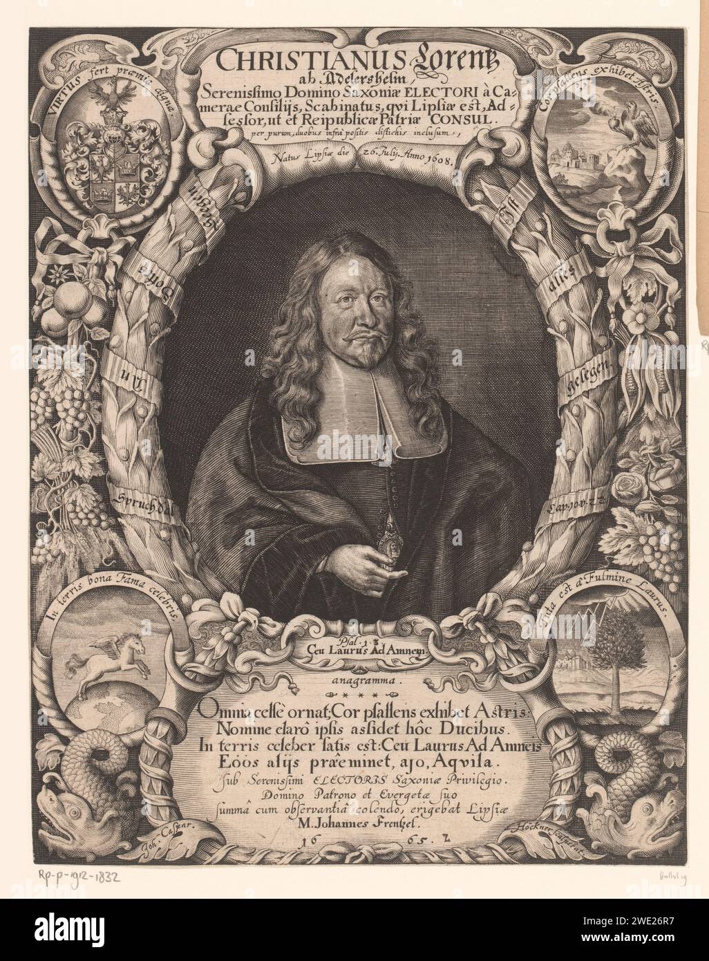 Porträt van Christian Lorentz von Adlershelm, Johann Caspar Hoeckner, 1665 Druck Porträt im dekorativen Rahmen, Umsatz mit drei Medaillons mit Emblemen und einer mit Wappen. Unten auf der Kartusche ein Lob in lateinischer Sprache. Papierstich historischer Personen. Bäume: lorbeer (Ast, Stock). Abstrakte Ideen und Konzepte (+ emblematische Darstellung des Konzepts). Ornament  Festoon, Girlande. Waffenlager, Heraldik Stockfoto