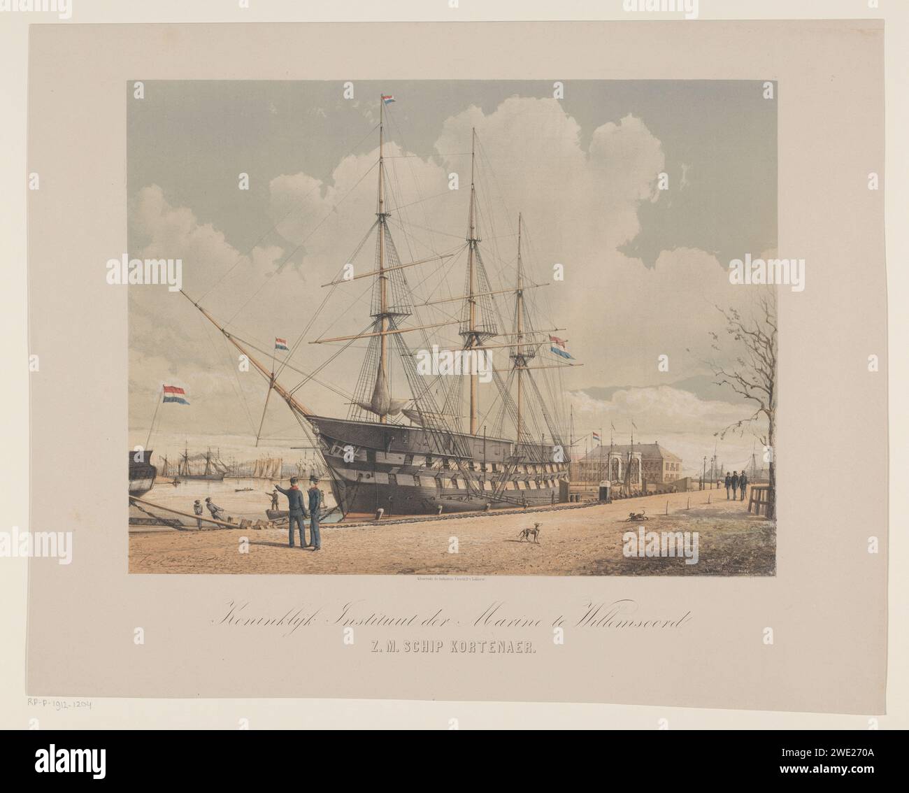 Linienschiff Z.M. Kortenaer, Gerard Voorduin, 1851 - 1880 Druck ZR. Frau Kortenaer als wartendes Schiff im Oude Rijkswerf Willemsoord. Druckerei: Netherlandsprinter: UtrechtVerlag: Utrecht Papierschiffe (allgemein) Willemsoord Stockfoto