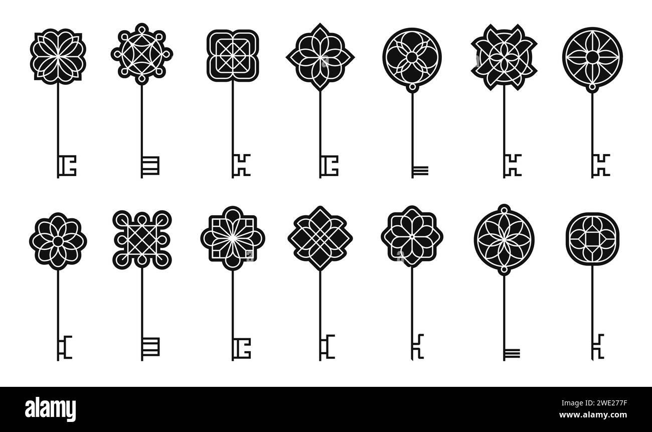 Sammlung schwarzer Tasten. Vintage-Schlüsselsilhouetten in Zeichentrickfarben, altmodische Schlüsselformen und -Formen für das Logo-Design. Vektor-isolierter Satz Stock Vektor