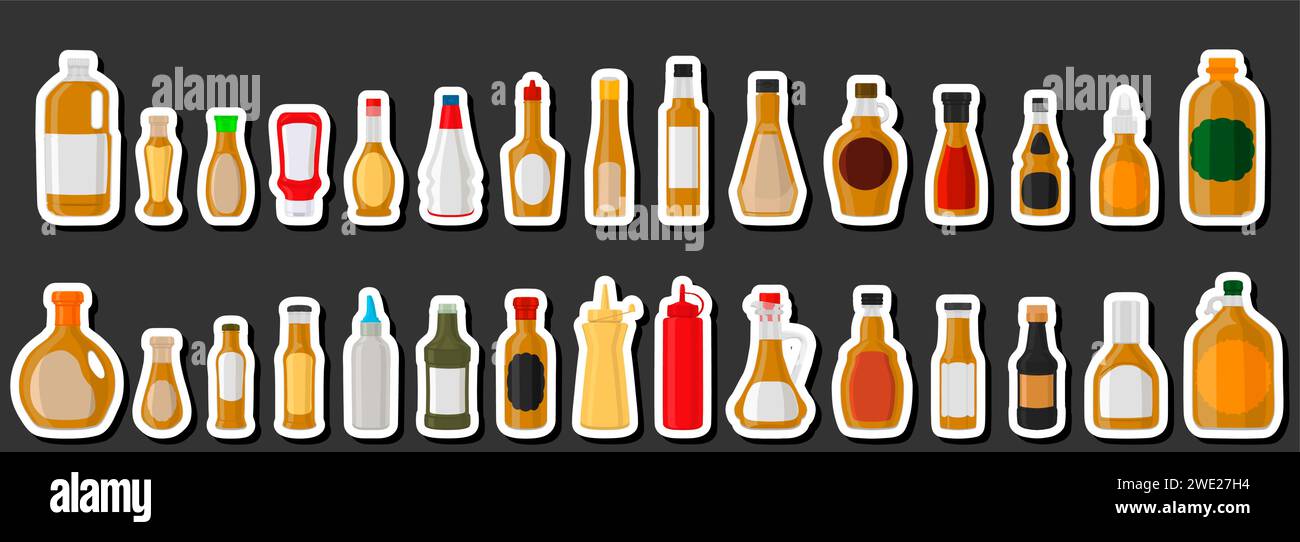 Illustration zum Thema Big Kit verschiedene Glasflaschen gefüllt mit dickem Soßen-Senf, Flaschen bestehend aus Soßen-Senf, leere Etiketten für Titel, Soße m Stock Vektor