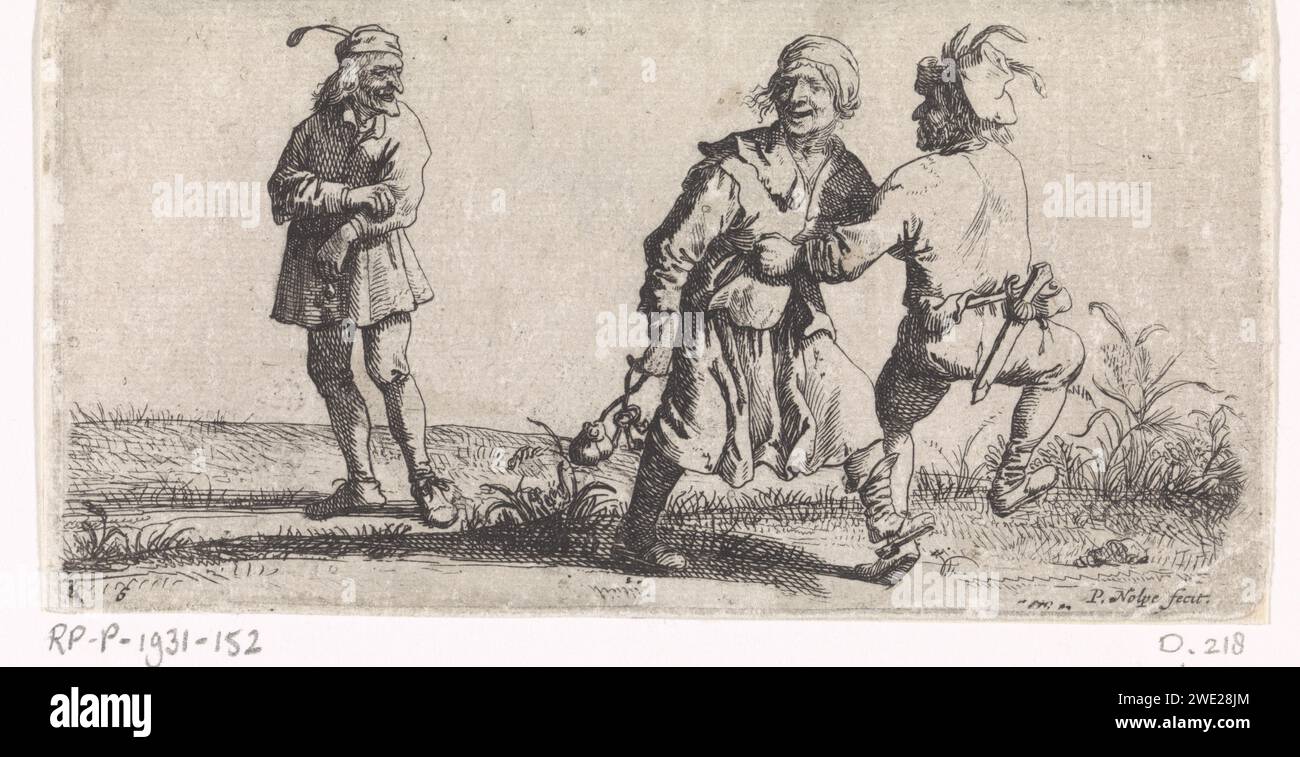 Zwei tanzende Bauern und ein Zuschauer, Pieter Nolpe, nach Pieter Jansz Quast, 1623–1653 drucken Einen Bauern und eine Bäuerin tanzen miteinander. Die Frau hält einen Schlüsselwald und einen Geldbeutel in einer Hand. Der Mann hat einen Dolch am Gürtel. Links sieht ein dritter Bauer zu. Print ist Teil einer Serie mit Szenen aus der Landwirtschaft. Amsterdamer Papierätzer. Ein Paar tanzt, Mann und Frau tanzt als Paar Stockfoto
