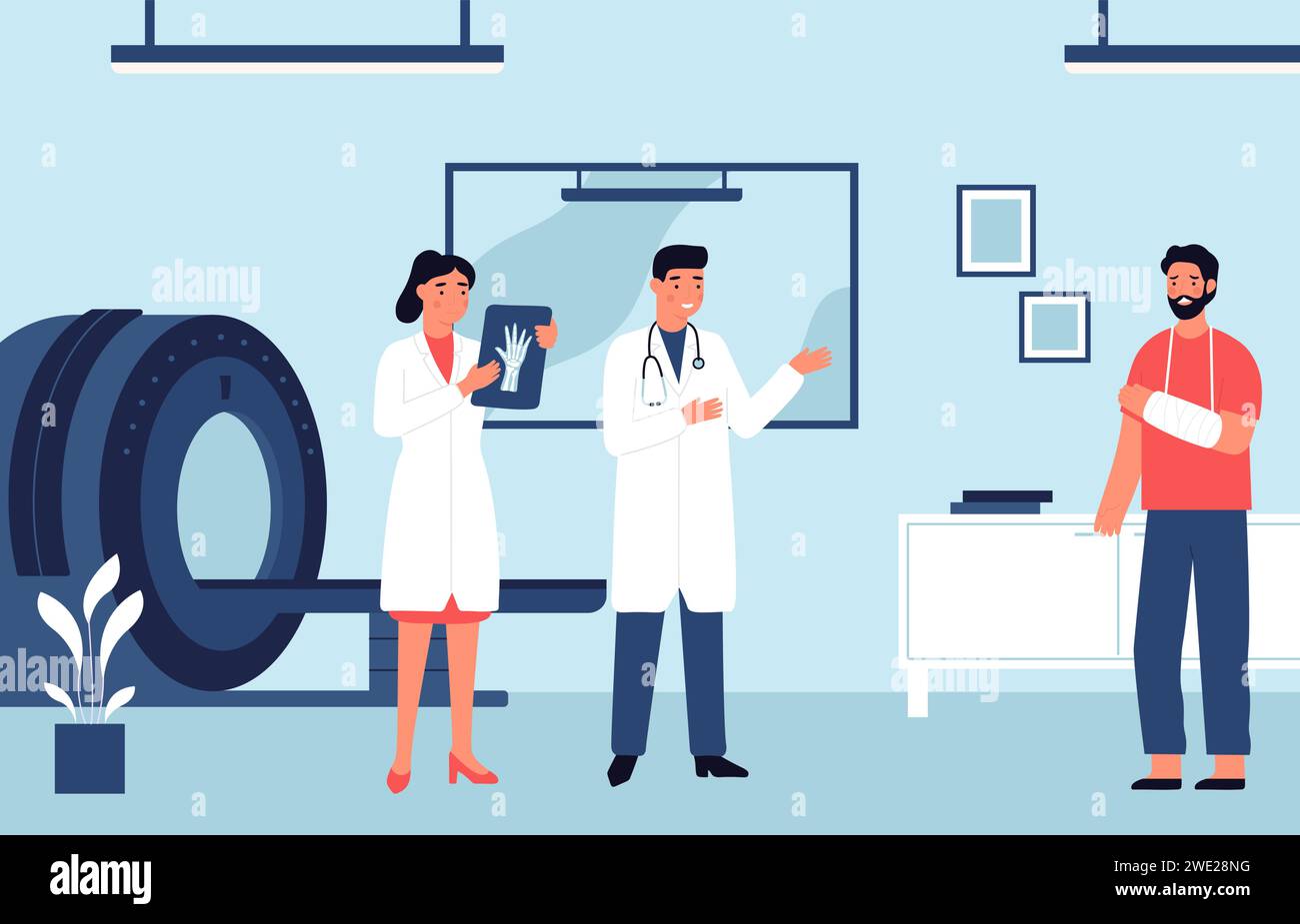 Krankenhausraum. Patient im Bett Krankenhausstation, Arzt und Krankenschwester bieten medizinische Versorgung Stock Vektor