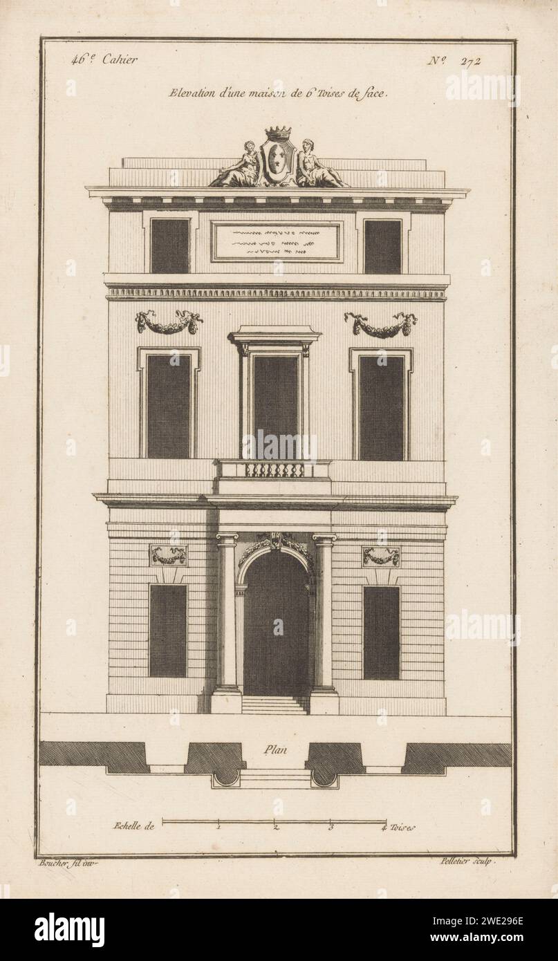 Fassade Puts Zuilen in Balkon, Jean Pelletier, nach Just Nathan Francois Boucher, 1772 - 1779 drucken Vorderansicht und Karte einer Fassade eines Hauses mit einem Portal mit Treppe, Säulen und einem Balkon, dekoriert mit Girlanden. Darüber eine Tafel und ein gekröntes Wappen, flankiert von zwei sitzenden Frauen. Drucknummer 272. Pariser Papiergravur / Ätzfassade (Haus oder Gebäude). Monumentale Tür, Veranda, 'aediculum'. Säule, Säule  Architektur. Balkon. Ornament  Festoon, Girlande. Waffenlager, Heraldik. Sitzende Figur - AA - weibliche menschliche Figur Stockfoto