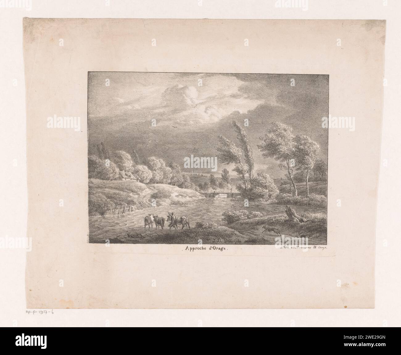 Landschaft mit herannahendem Gewitter, Jan Baptiste de Jonghe, 1800 - 1844 drucken auf einer Landstraße ein Hirte mit drei Kühen und seinem Hund läuft auf einen Bauernhof zu. Die Bäume beugen sich unter dem Wind. Papierlandschaften in der gemäßigten Zone (+ Landschaft mit Figuren, Personal). Gewitter. Zurück in die Falte, Beute, Stall, Herde, Hirte Stockfoto