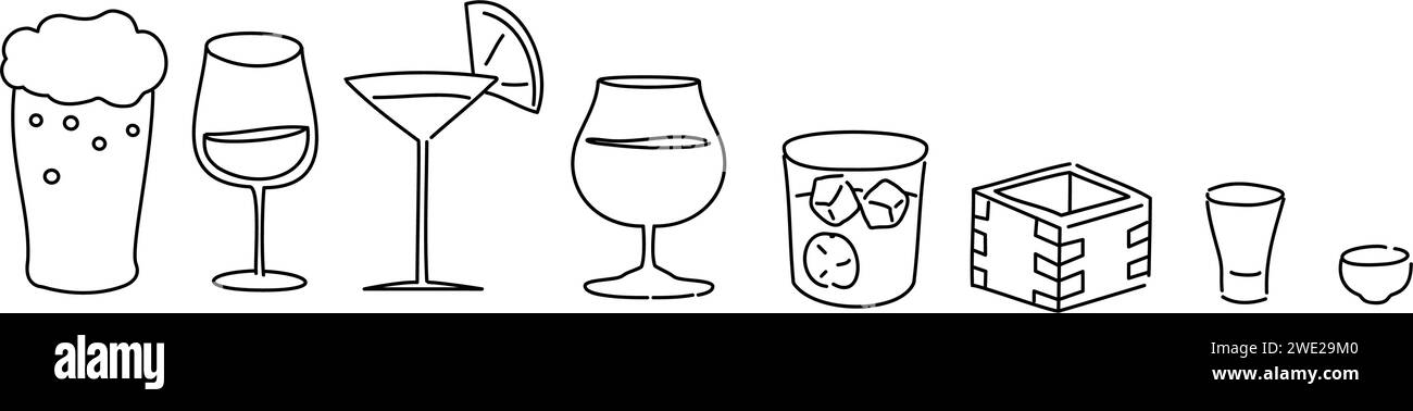Sake zu westlichem Sake, Cocktails, Biersets, einfache Strichzeichnungen Illustrationen, Vektor-Illustration Stock Vektor