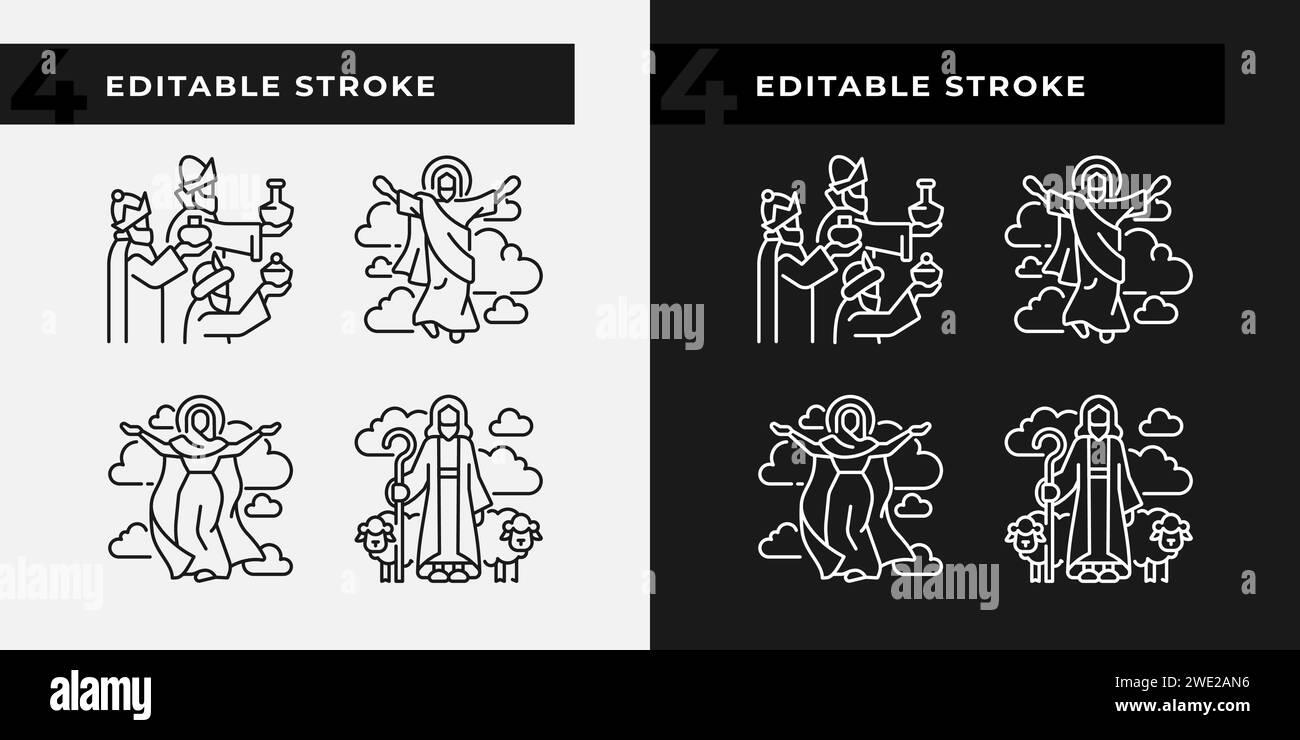 Religiöse Szenen lineare Symbole für den dunklen, hellen Modus Stock Vektor