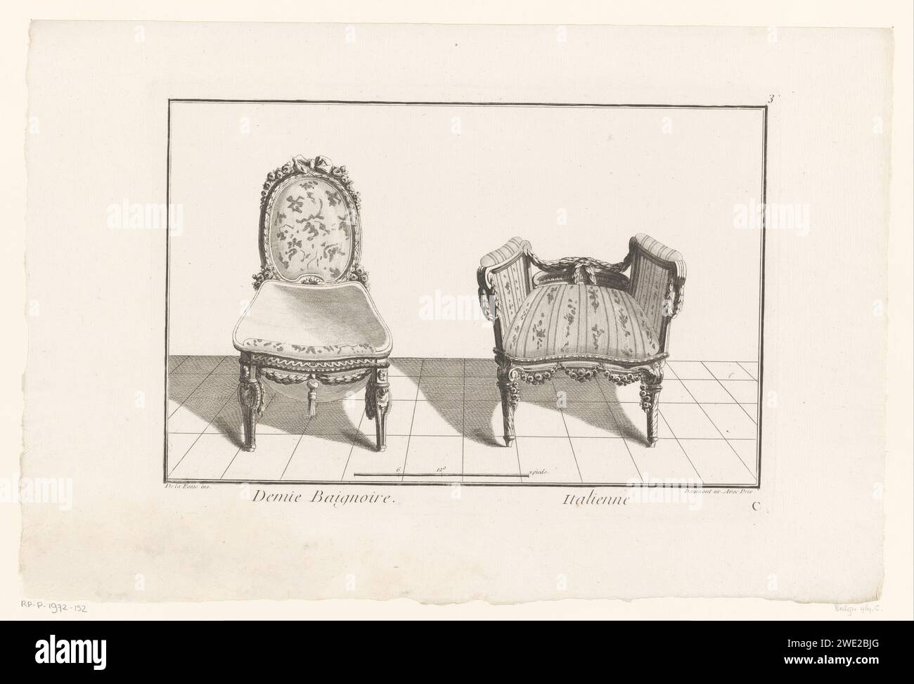 Stoel Toilette, Anonym, nach Jean Charles Delafosse, 1745 - 1775 Druck links eine verzierte Toilette mit Girlanden, Blumen und Schleife. Rechts ein Stuhl ohne Rückenlehne, mit gestreiften Polstern und Girlanden. Pariser Papiergravur Toilette, Wasserschrank. Stuhl Stockfoto