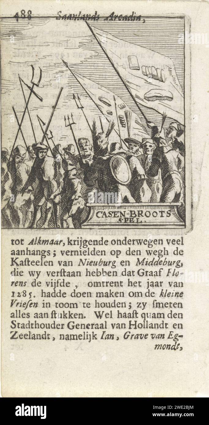 Aufstand der Käse- und Brotmenschen, 1492, Hendrik Jacobsz Soeteboom, 1658 Print Aufstand der Käse- und Brotmenschen, 1492. Farmering Farmer, die mit Fahnen winken, Heugabeln und Stöcken als Waffen. Zaandam Papierätzung / Gravur / Buchdruck Straßenkämpfe, Unruhen Niederlande Stockfoto