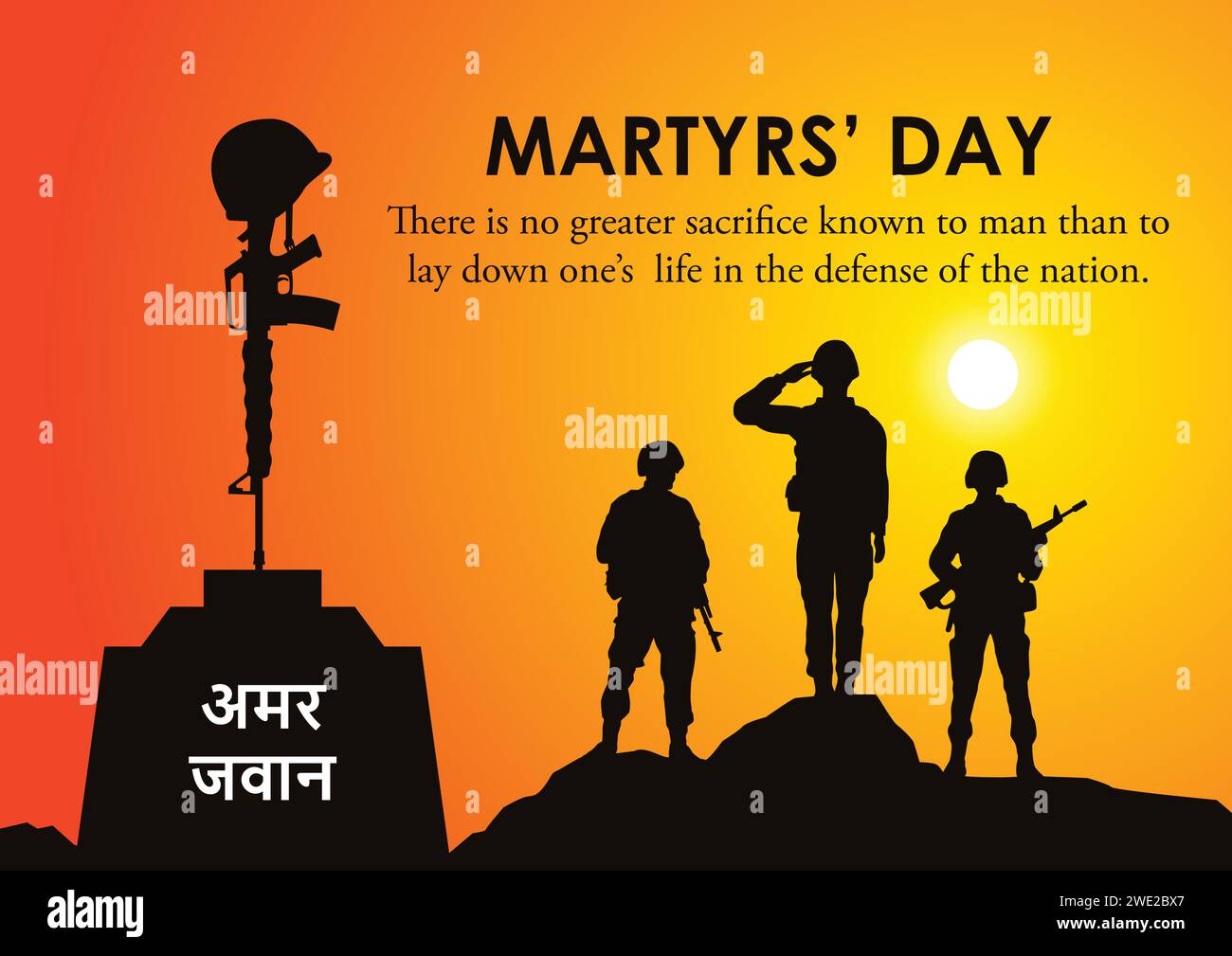 Vektor-Illustration des Märtyrertags, Silhouette von Amar Jawan Jyoti und Soldaten, die auf dem Berg stehen und grüßen mit Sunrise View Hintergrund. marty Stock Vektor