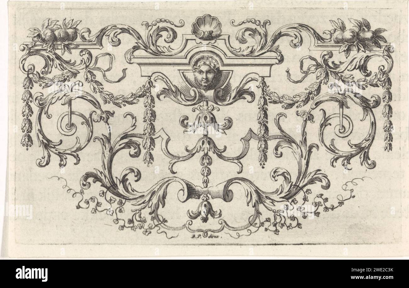 Ornament mit Mascaron, Girlanden, Blattreben und Schale, Bernard Picart (Werkstatt von), 1683 - 1733 Druck Amsterdam Papier Ätzen / Gravur / Buchdruck Laub, Ranken, Zweige ~ Ornament. Ornament ~ Festoon, Girlande. Maske, Mascaron ~ Ornament. Jakobsmuschel, Muschel ~ Ornament Stockfoto