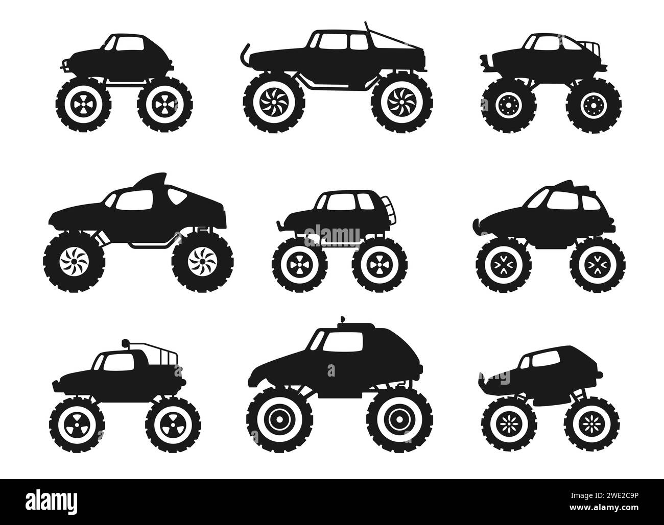 Schwarze Monster Truck Symbole. Geländewagen mit Dieselmotor, Reifen, Rädern und Auspuff, Dieselstapler mit Turbolader und flachen Stoßfängern und Flammen. Vektor Stock Vektor
