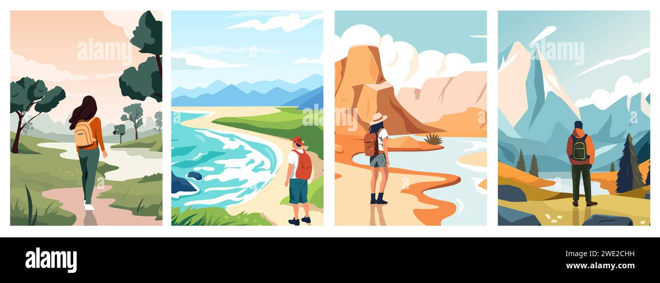 Reisende genießen die Aussicht. Zeichentrickfiguren, die Natur und Landschaft genießen, Personen, die im Park spazieren und campen. Vektor-isolierte Abbildung Stock Vektor