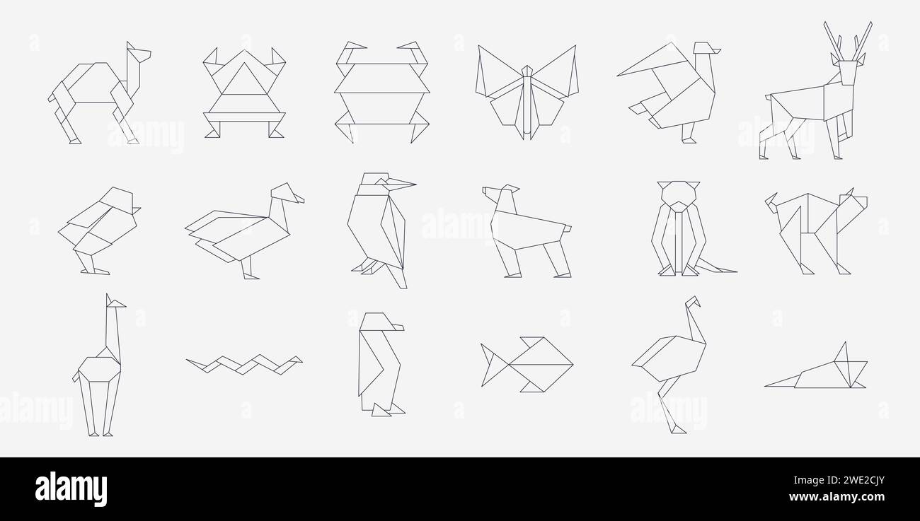 Leinen-Origami-Tiere. Geometrisch gefaltete japanische traditionelle Papercraft-Tiere, einfache Umrissskizze gefalteter Zoo. Vektorsammlung Stock Vektor