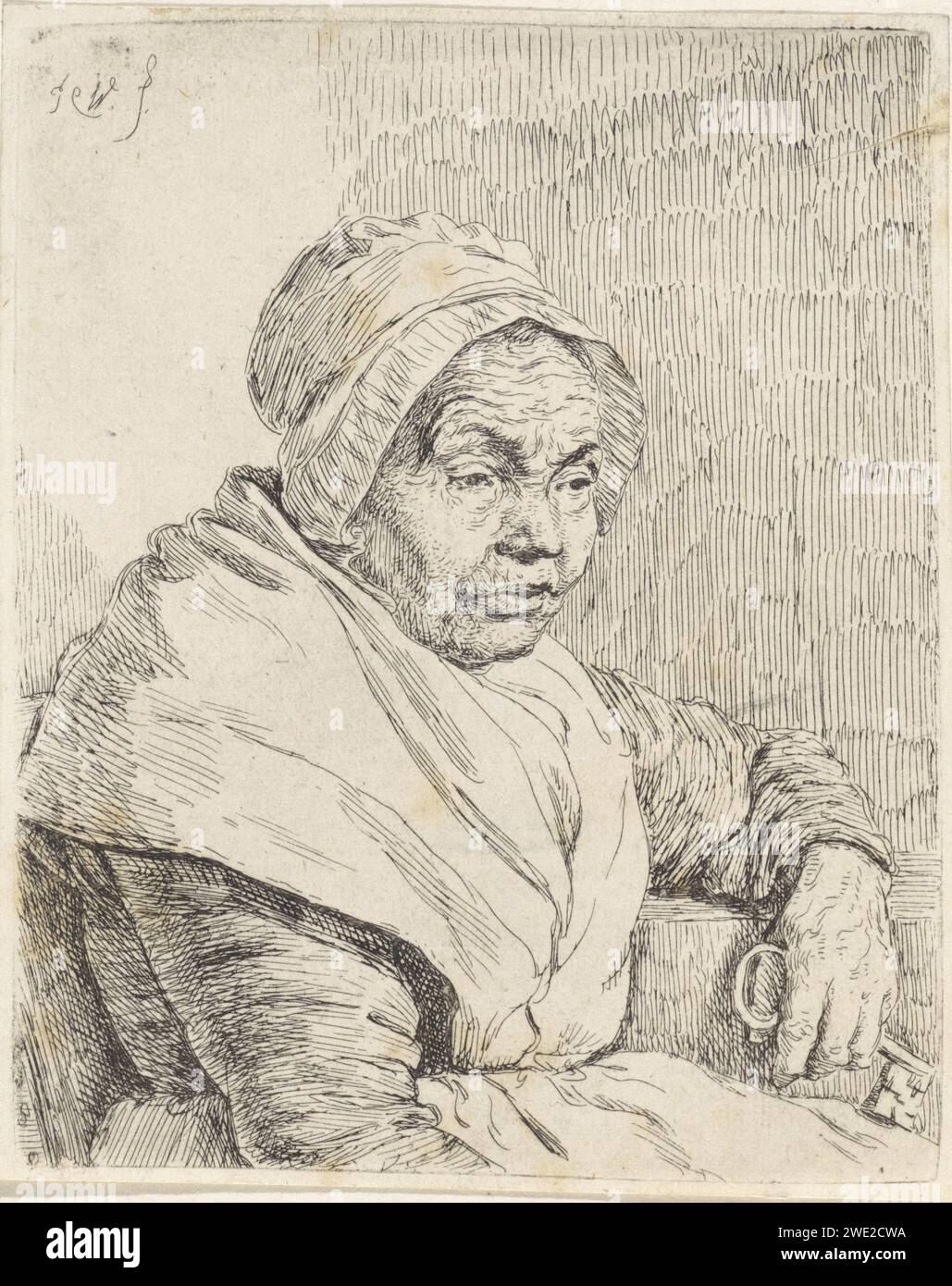 Porträt einer alten Frau, Pieter Christoffel Wonder, 1802 - 1816 Druck Porträt einer sitzenden alten Frau. Sie trägt einen Hut und hält einen Schlüssel in der Hand. Die Frau war die Hausmeisterin von Van Amerongens Haus in der Wittevrouwenstraat in Utrecht, wo der Künstler ein Obergeschoss mietete. Utrechter Papierätzer historischer Personen. Alte Frau. Taste Stockfoto