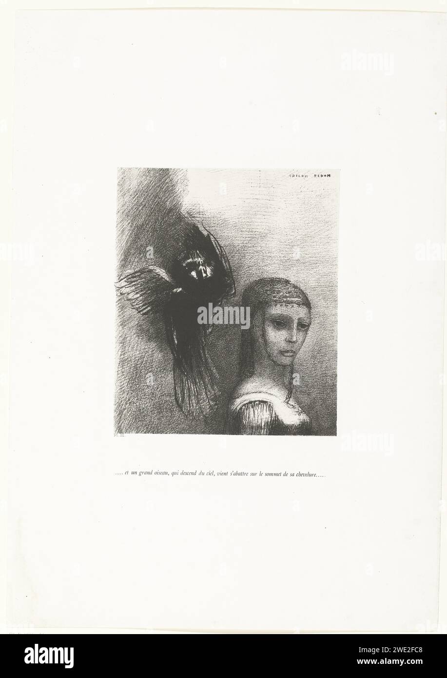 Und ein großer Vogel, der vom Himmel herabsteigt, landet auf der Krone ihrer Frisur, Odilon Redon, 1888 drucken Eine Büste einer Frau. Hinter ihrem Kopf kommt ein Vogel, der fliegend kommt. Dritter Druck von zehn aus der ersten Serie von Illustrationen für Gustave Flauberts die Versuchung des Heiligen Antonius. Druckerei: Franziseprinter: ParisVerlag: Brüssel. Versuchungen von St.. Antonius Abt. Fabelhafte Tiere  Vögel. Erwachsene Frau Stockfoto