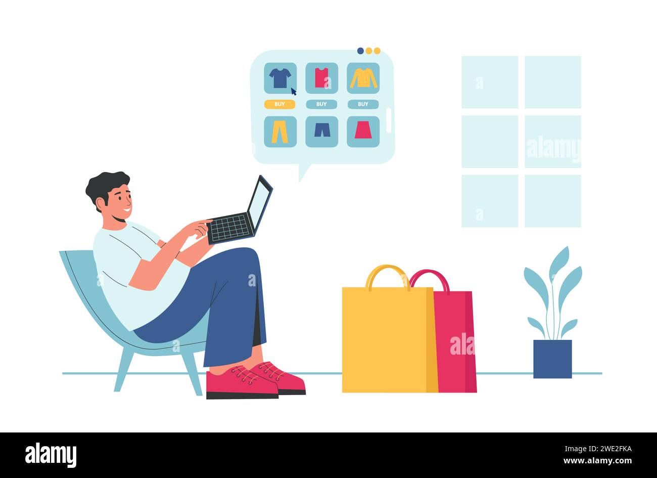 Online-Shopping. Mann sitzt mit Laptop und wählt Kleidung im Geschäft. Der Typ kauft Waren im Internet. Männliches Zeichen Stock Vektor